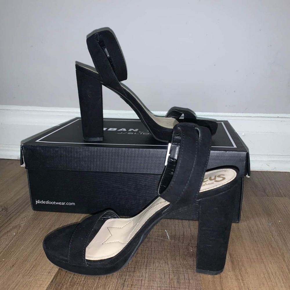 black suede heels, ankle strap, casual,  size 5 1/2